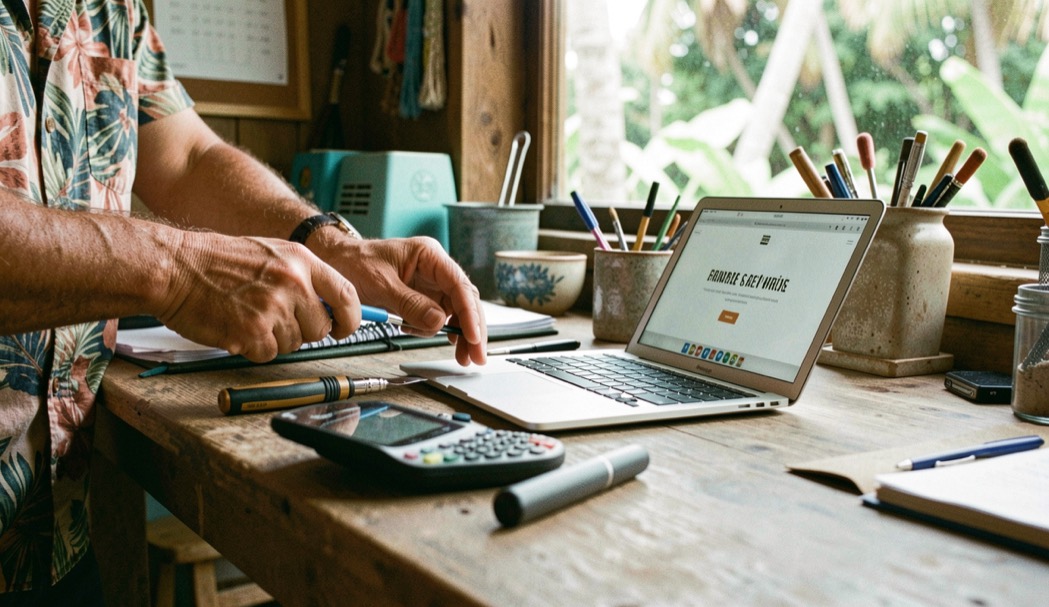 Hands and practical equipment in a Hawaiian small-business setting, natural daylight and a calm work surface, illustrating mobile-first service pages that convert without readable screens or logos