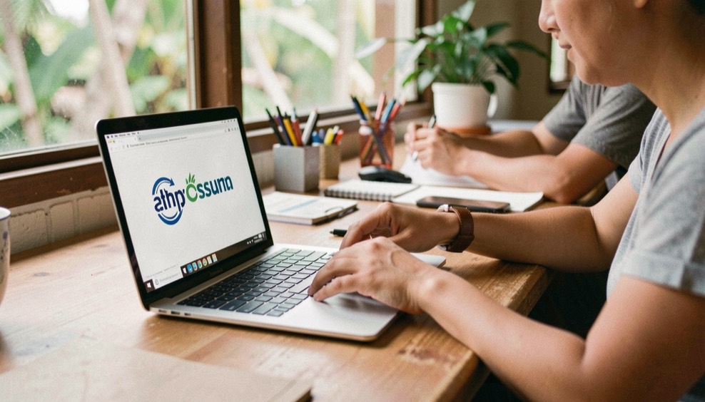 Hands and practical equipment in a Hawaiian small-business setting, natural daylight and a calm work surface, illustrating choosing hosting for a business that cannot go offline without readable screens or logos