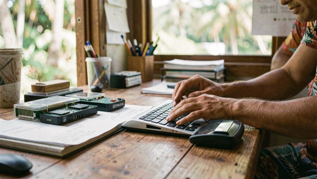Hands and practical equipment in a Hawaiian small-business setting, natural daylight and a calm work surface, illustrating cdn caching and the island distance problem without readable screens or logos