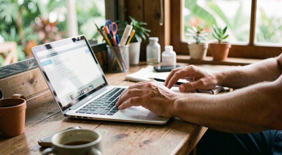 Hands and practical equipment in a Hawaiian small-business setting, natural daylight and a calm work surface, illustrating local seo signals a hawaiʻi business can control without readable screens or logos