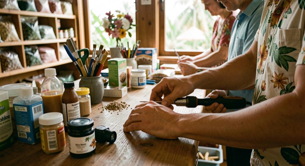 Hands and practical equipment in a Hawaiian small-business setting, natural daylight and a calm work surface, illustrating inventory sync for a small retail team without readable screens or logos