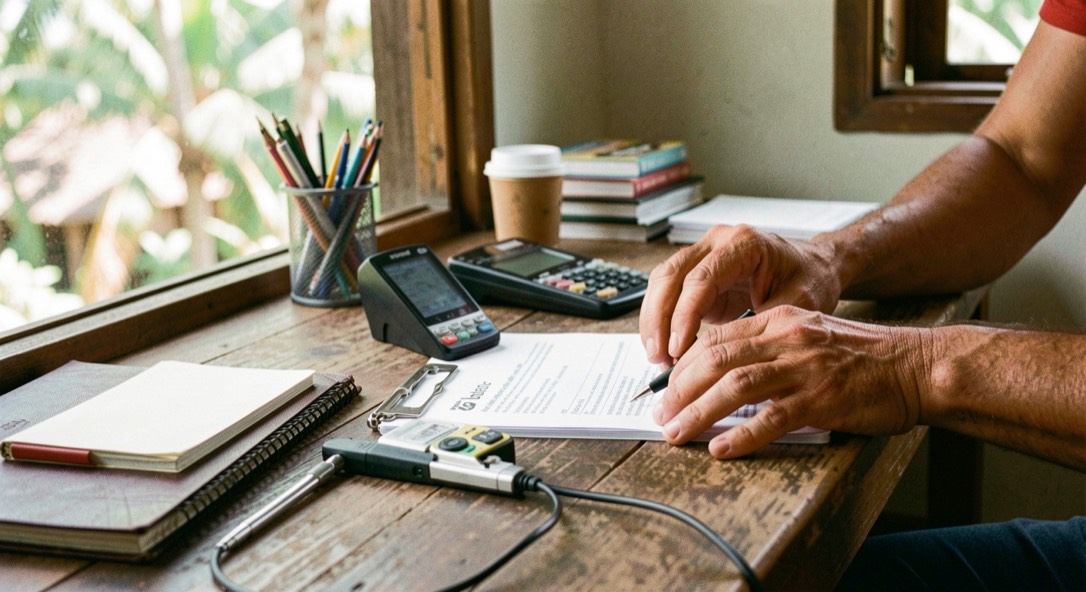 Hands and practical equipment in a Hawaiian small-business setting, natural daylight and a calm work surface, illustrating payment provider questions for local operators without readable screens or logos