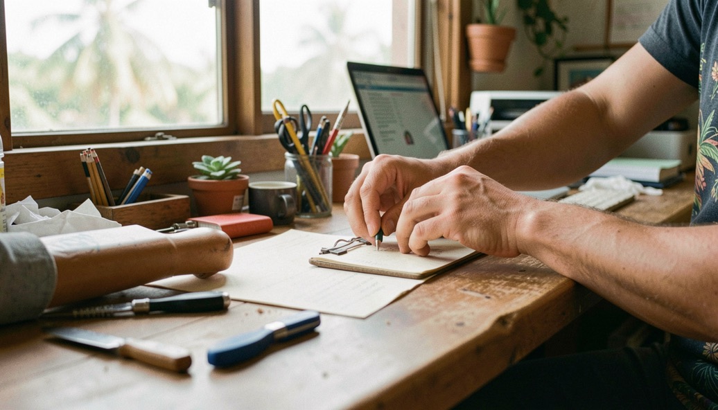 Hands and practical equipment in a Hawaiian small-business setting, natural daylight and a calm work surface, illustrating understanding latency for cloud work without readable screens or logos