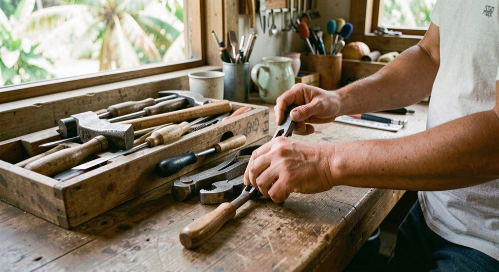 Hands and practical equipment in a Hawaiian small-business setting, natural daylight and a calm work surface, illustrating a tool stack one person can actually run without readable screens or logos