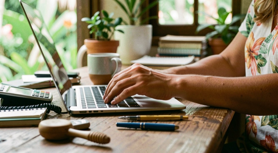 Hands and practical equipment in a Hawaiian small-business setting, natural daylight and a calm work surface, illustrating choosing a crm without losing your customer memory without readable screens or logos