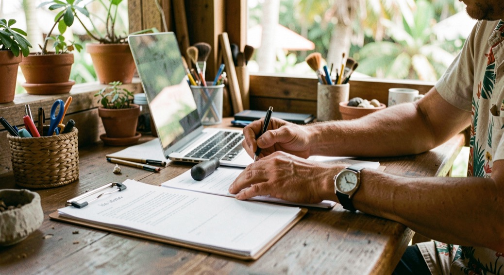 Hands and practical equipment in a Hawaiian small-business setting, natural daylight and a calm work surface, illustrating choosing satellite imagery for projects in asia without readable screens or logos