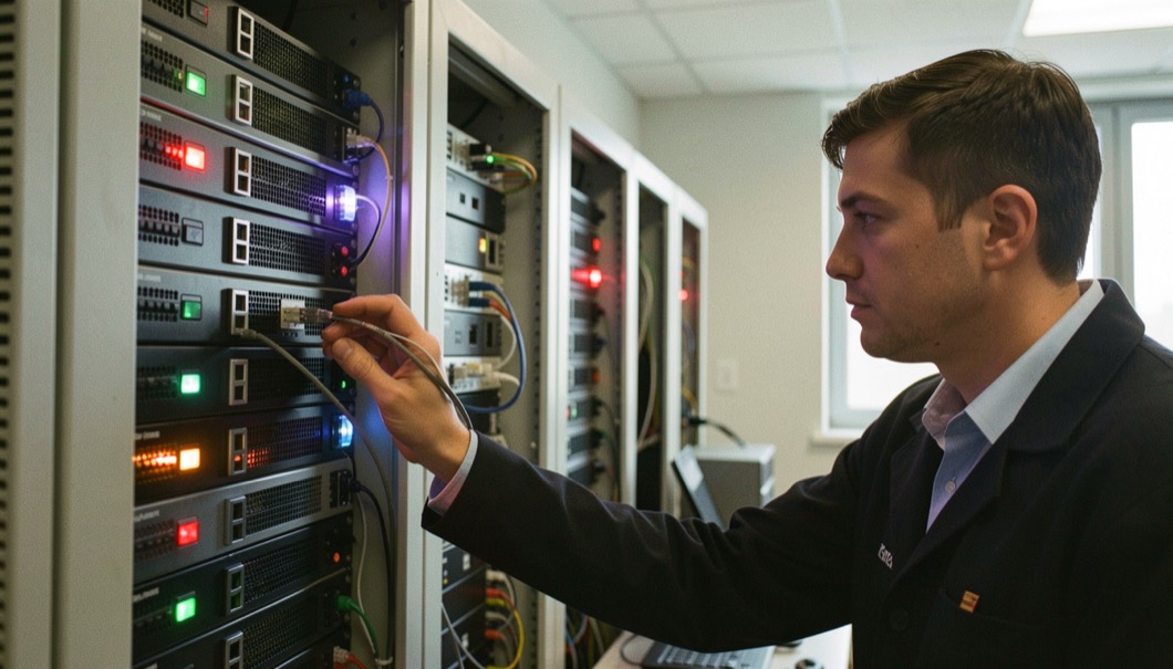 Server rack lights reflected in a quiet operations room with a technician checking a cable map