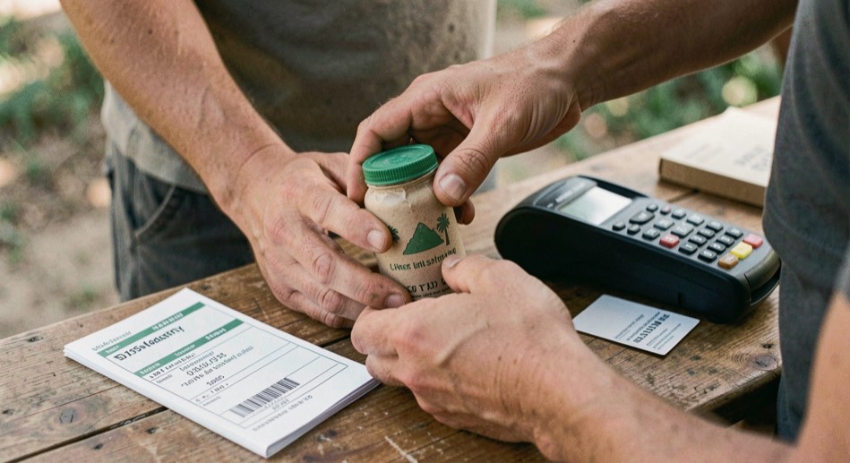Hands packing a small island-made product beside a card reader and shipping labels with no readable text