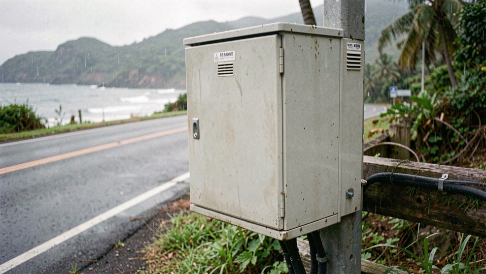 A coastal utility cabinet and fiber conduit viewed from a quiet Hawaiian roadside after light rain