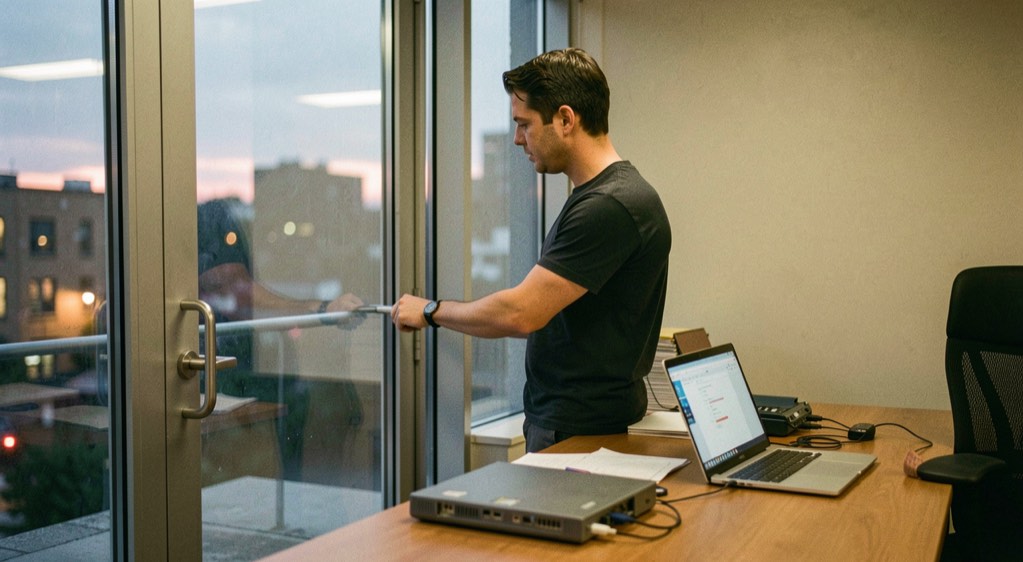 A small business owner locking a glass office door at dusk with a laptop and backup drive on a desk
