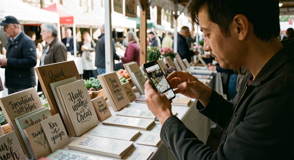 A market stall owner photographing a hand-lettered product display with a phone during soft morning light