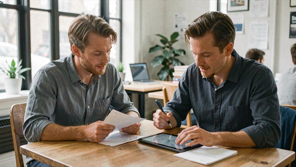 Two small business operators comparing printed workflow notes beside a tablet in a sunlit shared workspace