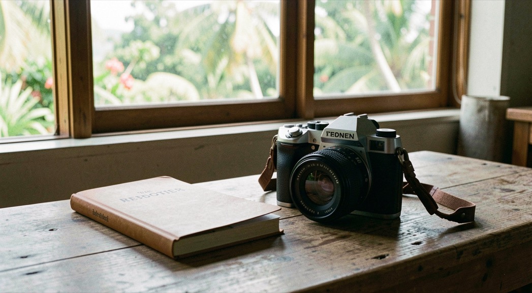 A reporter notebook and camera on a wooden table near a bright Hawaiian window