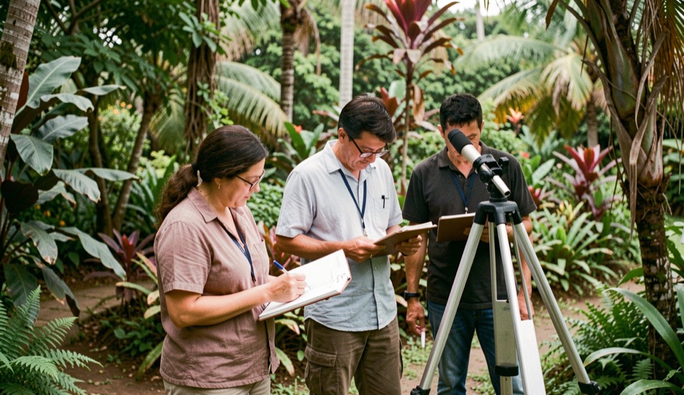 Three researchers checking field notes beside a tripod in a shaded Hawaiian garden, with no signs or readable text anywhere in the scene